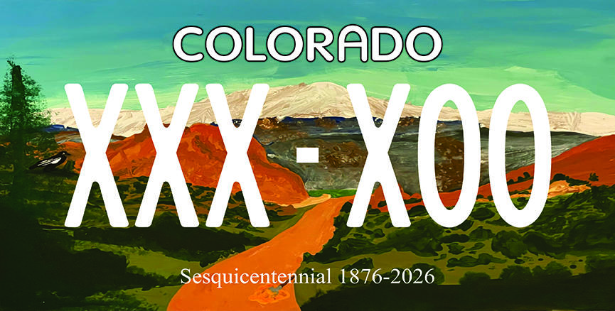 Painting design of pikes peak in the background and Garden of the Gods in the foreground with reversed letters