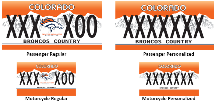 Set of 4 license plates for Bronco Foundation for passenger and motorcycle regular, personalized regular and motorcycle 