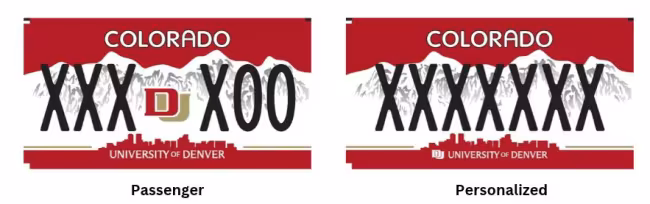 Two Colorado University of Denver specialty license plates. The passenger plate on the left features a large interlocking DU logo in the center, while the personalized plate on the right features a continuous string of characters and a smaller DU logo next to the bottom text.   