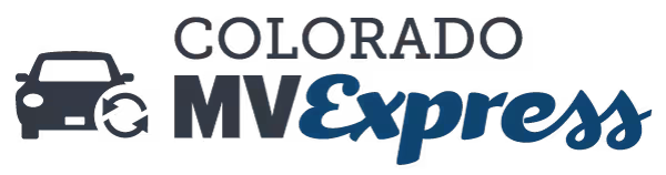 Logo for Colorado MV Express that includes clipart of a car and a circle with arrows by the text.