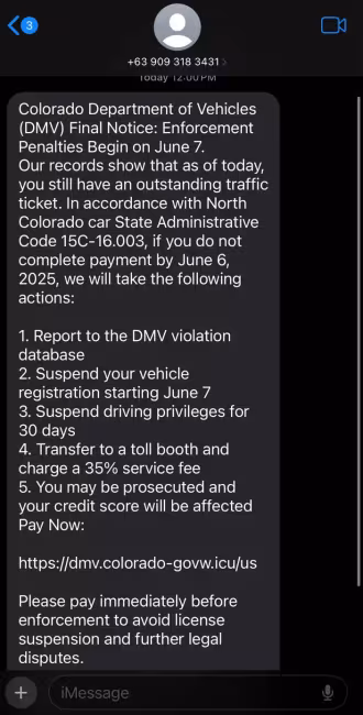 Screenshot of text message scam