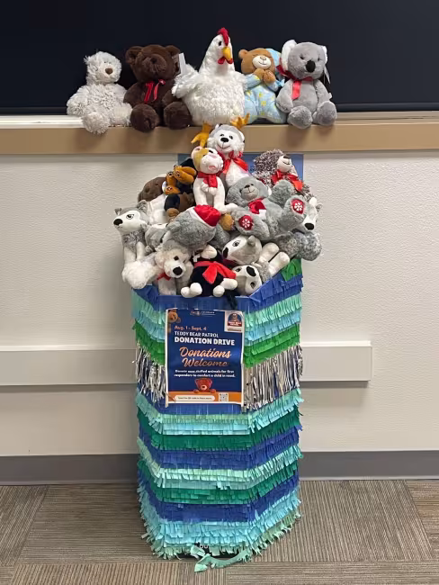 Peluches saliendo de la caja de donaciones de la Oficina de Licencias de Conducir del Delta