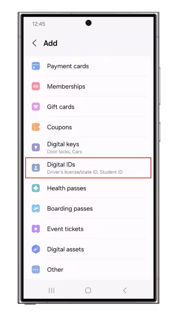 Samsung phone screen selecting Digital IDs from the menu.