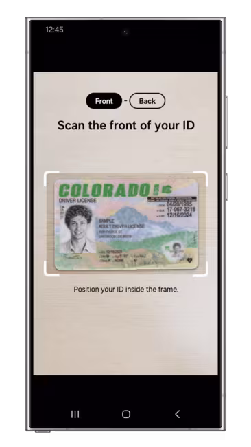Samsung phone screen saying "Scan the front of your ID" and displaying a Colorado ID or Driver License.