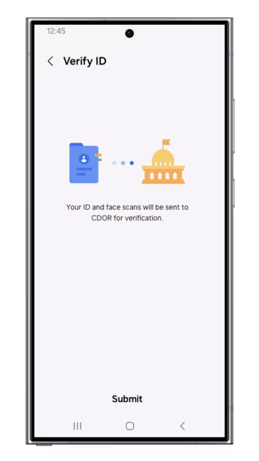 Samsung phone screen showing Verify ID and icons of a file being sent to a the capitol.