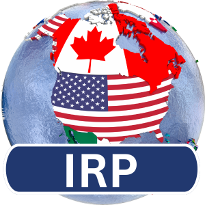 Globe showing Canada and USA with their flags inside their country shapes. The letters IRP sits on a blue rectangle.