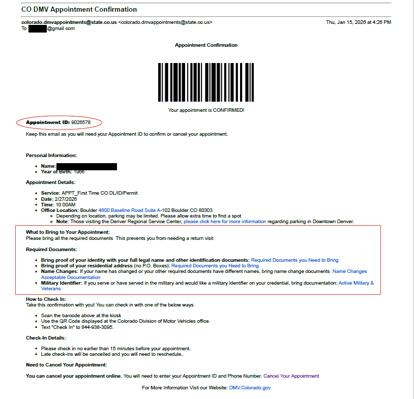 CO DMV Appointment Confirmation Email