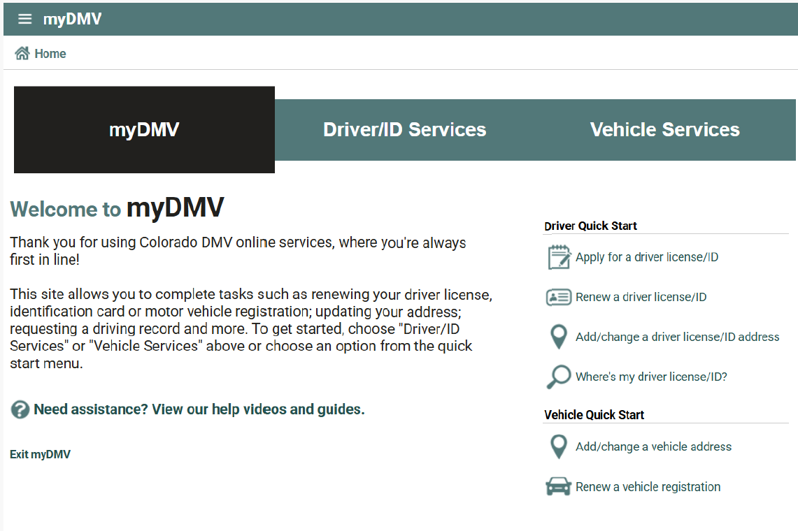 myDMV landing page