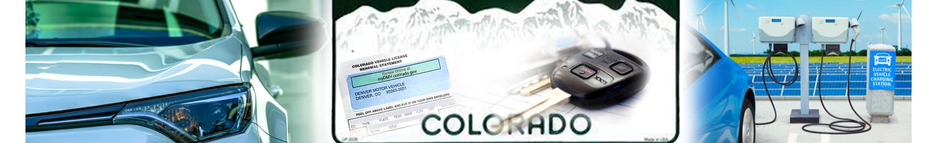 Banner image of the front half of a white car dissolving into a Colorado license plate that contains a set of car keys and registration card that dissolves into a blue electric car at a charging station