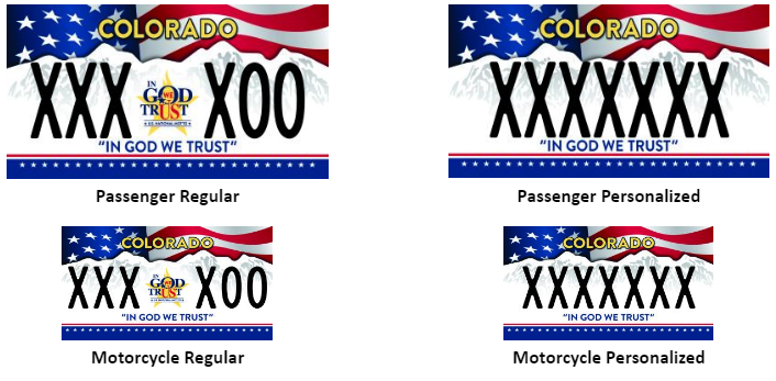 Set of 4 license plates for In God We Trust special group license plates. Passenger, Motorcycle, and both as personalized.