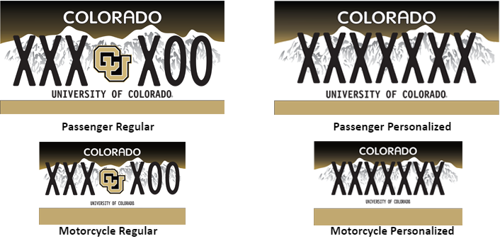 License plates showing CU logo in center, brown sky, and University of Colorado under plate ID.