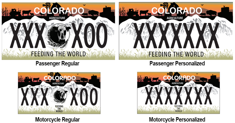 Colorado Agriculture license plate designs with farm scene as a silhouette against sunset and a cow head in the middle of the plate. 