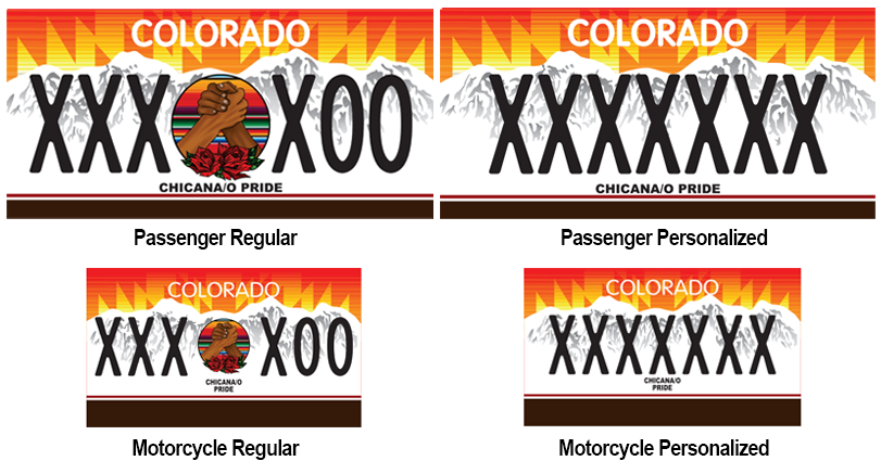 Chicano / Chicana Pride License Plate Designs. All four plates for passenger and motorcycle regular, and passenger and motorcycle personalized.