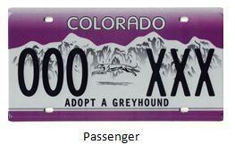Adopt A Greyhound Colorado License Plate with a purple gradient background and white mountains and an image of a greyhound running in the middle