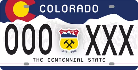 License plate of white mountains reversed out of dark blue and the colorado logo to the left. In the center is a shield with mountains and pioneer pick and hammer.