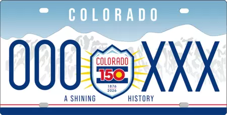 License plate with light blue sky, white mountains, and crest in the center with Colorado 150 in the center. Bottom says A Shining History.
