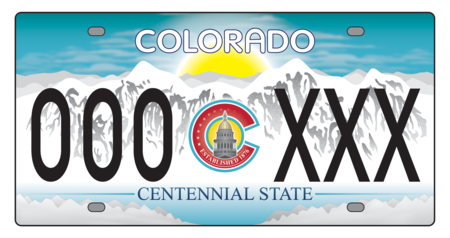 Over 13 Finalist of snow capped mountains and yellow sun setting. Center of place is the Colorado logo with the state capitol in its center. The bottom of the plate says Centennial State.