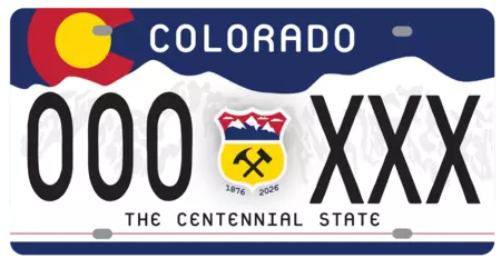 Over 13 Finalist with the Colorado logo at the top of the plate with a dark blue background, cutout of mountains, and crest in the center