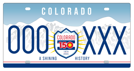 Over 13 finalist, light blue sky with mountains in foreground. The word Colorado is reversed out of sky. Shield in the center of the plate with Colorado 150 in the center. Bottom of plate says A Shining History.