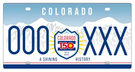 Over 13 finalist, light blue sky with mountains in foreground. The word Colorado is reversed out of sky. Shield in the center of the plate with Colorado 150 in the center. Bottom of plate says A Shining History.