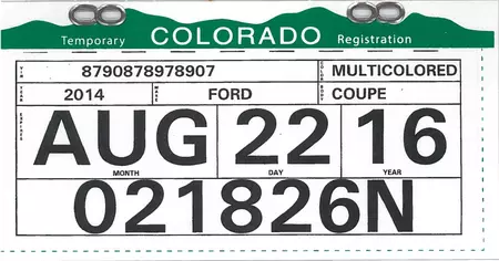 New sample Colorado temporary vehicle tag registration
