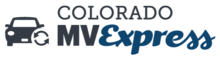 Logo for Colorado MV Express that includes clipart of a car and a circle with arrows by the text.