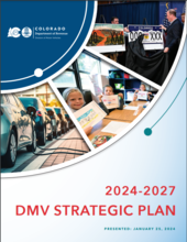 Cover of 2024-27 strategic plan booklet with images of cars, kids coloring license plate pictures, and Gov Polis unveiling winning license plate designs.