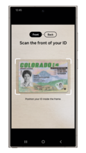 Samsung phone screen saying "Scan the front of your ID" and displaying a Colorado ID or Driver License.