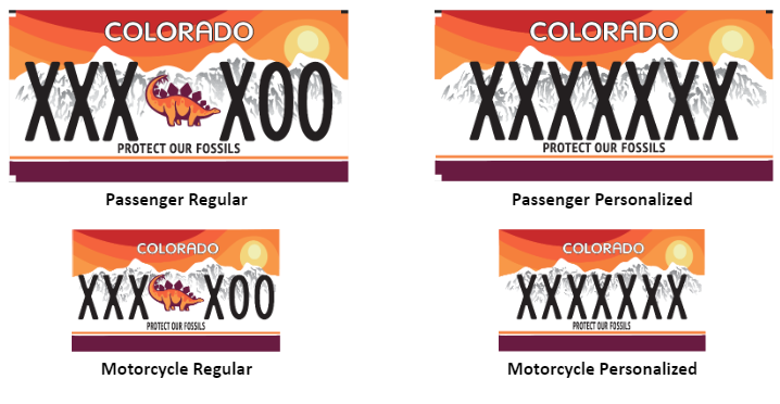 Set of 4 license plates for Stegosaurus special group license plates. Passenger, Motorcycle, and both as personalized.