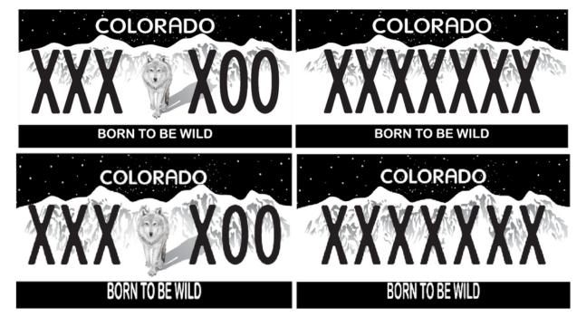 Born to be wild Colorado license plate with black background and white mountains and a white wolf in the middle