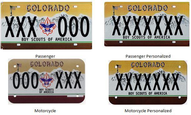 Colorado Boy Scouts License Plates with yellow background white mountains and boy scout emblem