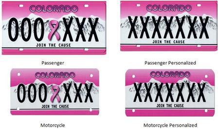 Breast Cancer Awareness Colorado License Plate with pink background and white mountains and breast cancer emblem in the middle