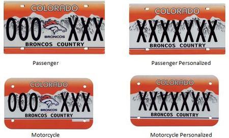 Broncos Charities Colorado License Plate  with Orange background and white mountains and Broncos logo in the middle