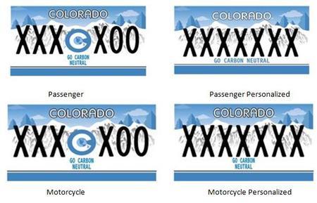 Carbon Fund Colorado License Plate with Light Blue Background and White Mountains