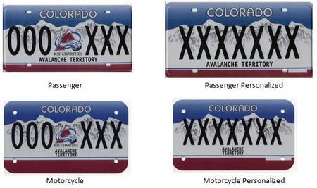 Colorado Avalanche License Plate with dark blue backdrop, white mountains and crimson on the bottom. Avalanche logo featured in the middle of the numbers