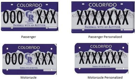 Colorado Rockies License Plate with Purple Background and white mountains and Colorado Rockies logo in middle