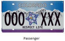 Columbine Colorado License Plate with Gradient Blue background and white mountains and Columbine flower with the words Respect Life in the middle
