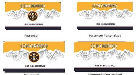 Colorado Denver Nuggets License Plate with a yellow background white mountains and navy blue on the bottom and Denver Nuggets logo on the bottom