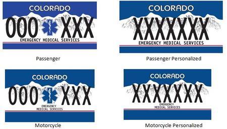 Emergency Medical Services Colorado License Plate with a Chelsea Blue background and white mountains and the emergency medical logo in the middle