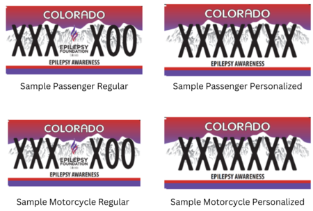Epilepsy Awareness Colorado License Plate with a red and purple gradient background and white mountains featuring the Epilepsy Awareness logo in the middle