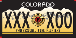 Colorado Professional Fire Fighters License plate with black background and Golden mountains with IAFF International Association of Fire Fighters logo in the middle