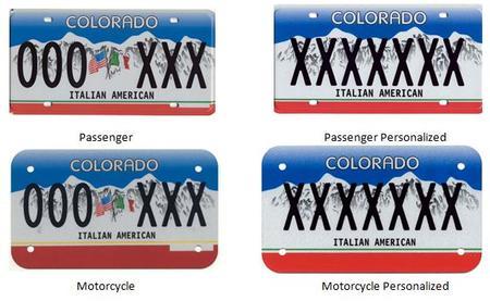 Italian American Colorado License Plate featuring a blue background with white mountains and the Italian and American flag in the middle