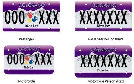 Kids First Colorado License Plate with a Purple background and white mountains and red yellow and blue kids handprints in the middle