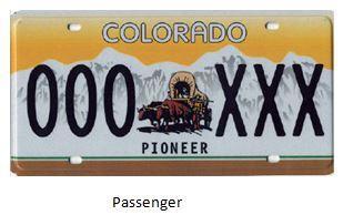 Pioneer Colorado License Plate with a yellow background, white mountains and a picture with a pioneer in the middle.