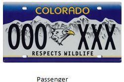 Raptor Colorado License Plate with a blue background and white mountains and a picture of a raptor in the middle