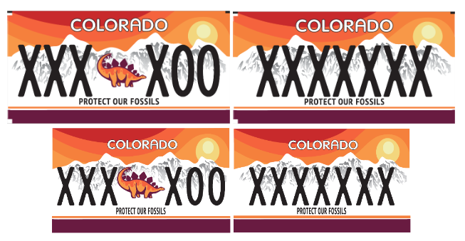 Stegosaurus Colorado License Plate with a red and orange gradient background and white mountains with a stegosaurus in the middle