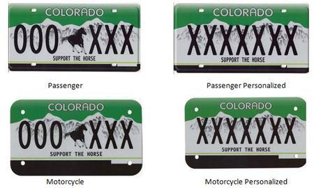 Support the Horse Colorado License Plate with a green background and white mountains and a picture of a black horse in the middle