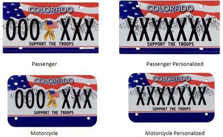 Support the Troops License Plate with a picture of an American Flag in the background on top of white mountains