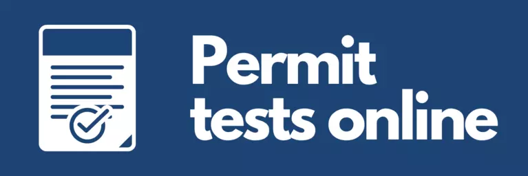 Blue button with a document icon with a checkmark next to text that reads Permit Tests Online