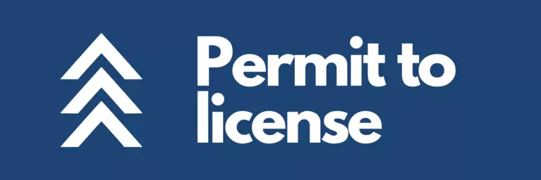 Blue button with 3 upward pointing arrows next to text that reads Permit to License. This is for upgrading your permit to a license.